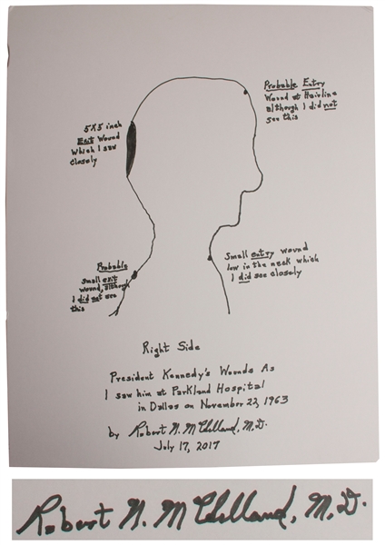 Very Large 16 x 20 Signed Drawing of President Kennedys Wounds as I saw him at Parkland Hospital in Dallas on November 22, 1963 by Dr. Robert McClelland, Who Held President Kennedys Head